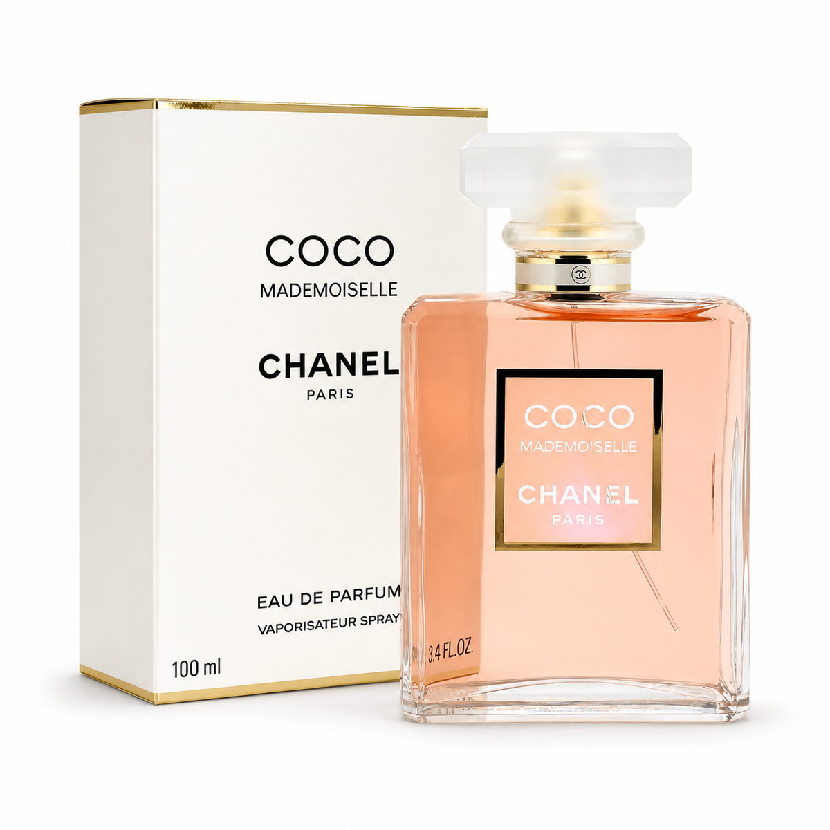 Chanel Coco Mademoiselle bottle and box on white
