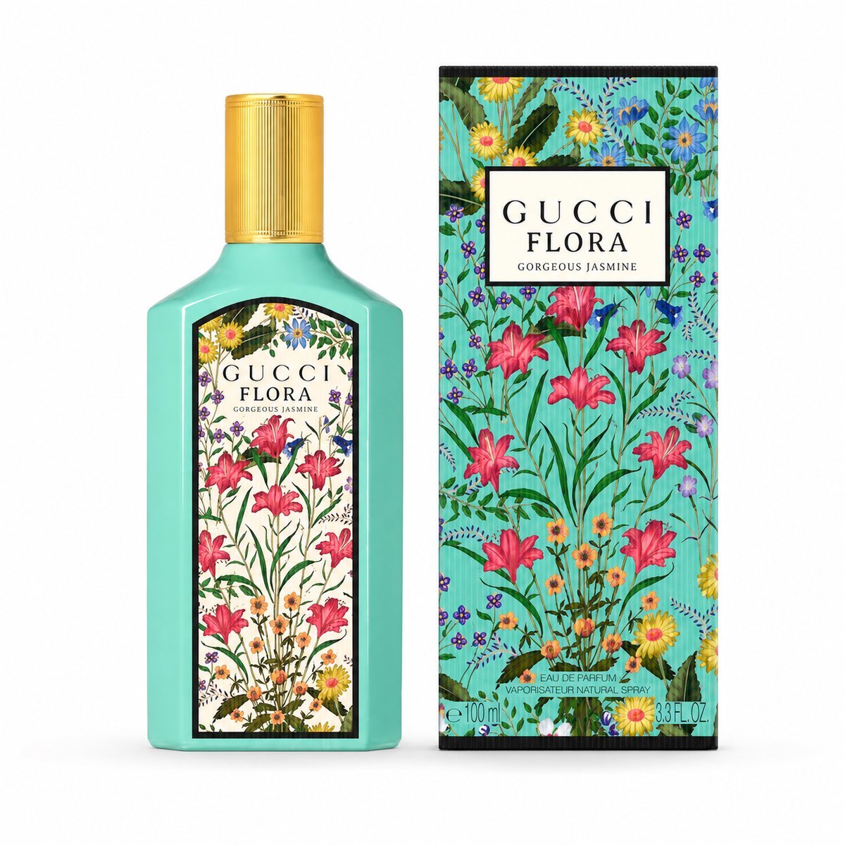 Gucci Flora Gorgeous Jasmine bottle and box on white