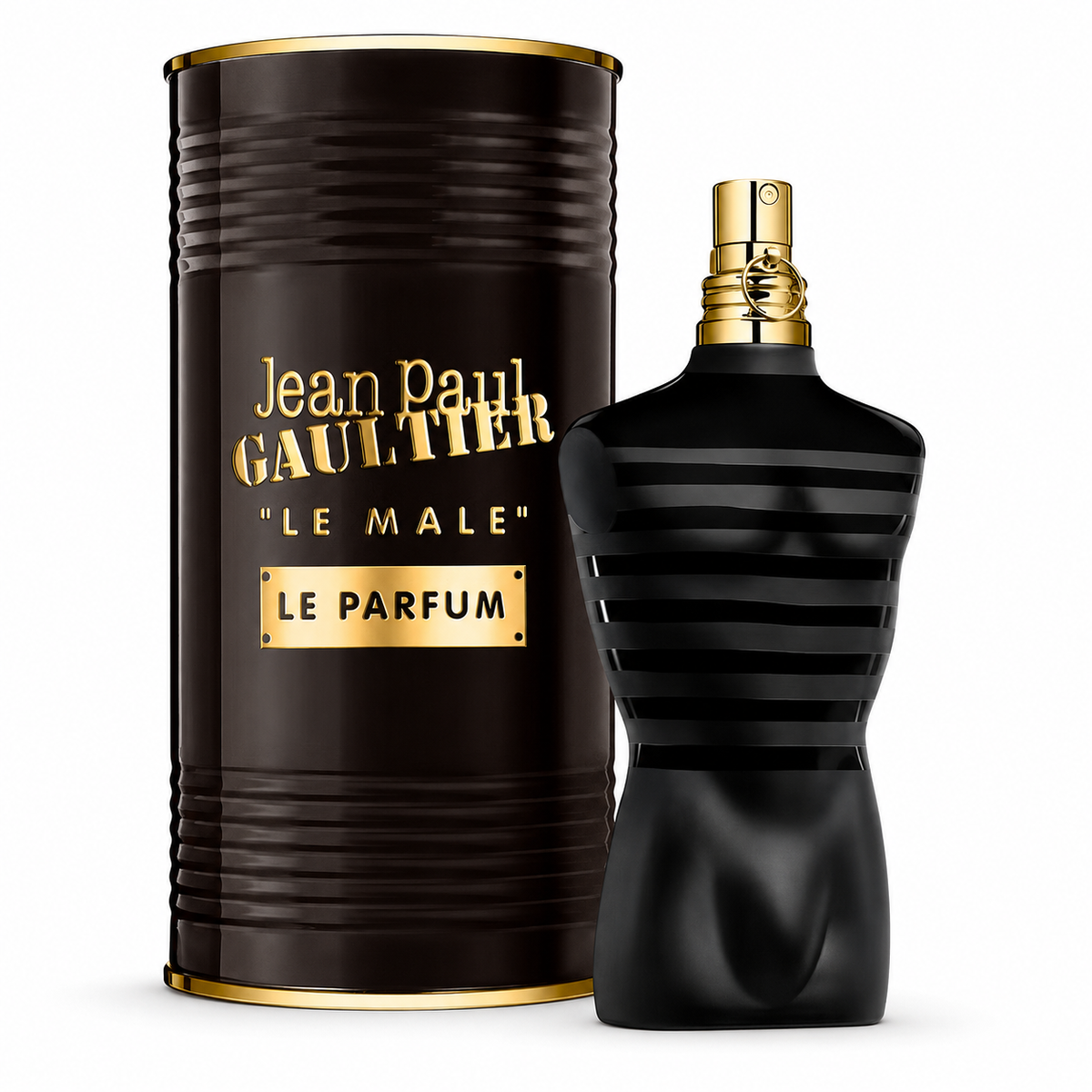 Jean Paul Gaultier Le Male Le Parfum bottle and tin on white