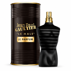 Jean Paul Gaultier Le Male Le Parfum bottle and tin on white